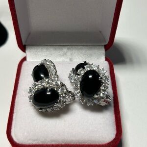Jarin Kasi Elegant Black Onyx Halo Clip-On Earrings with Clear Crystal Accents